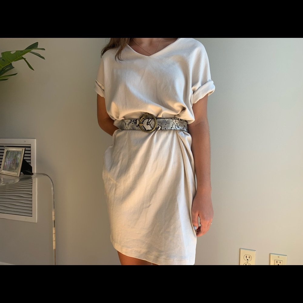 Sweater Dress, Tan. Belt not included.